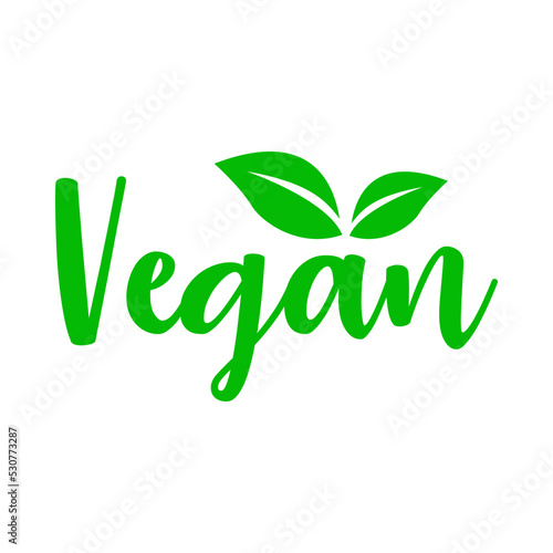 Concepto dieta vegana verde. Logo con texto manuscrito Vegan con silueta de hojas de planta