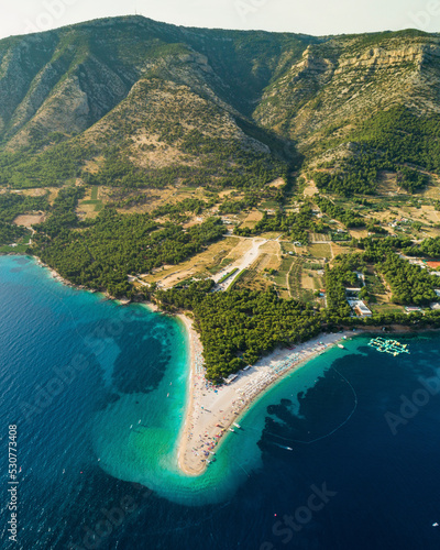 Aerial view of Golden Horn beach on Zlatni Rat in Bol on the island of Brac, Croatia. photo