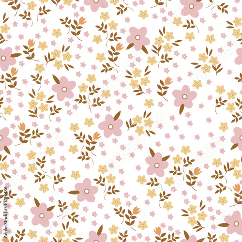 Simple vintage pattern. small pink and yellow flowers. brown leaves . white background. Fashionable print for textiles and wallpaper.