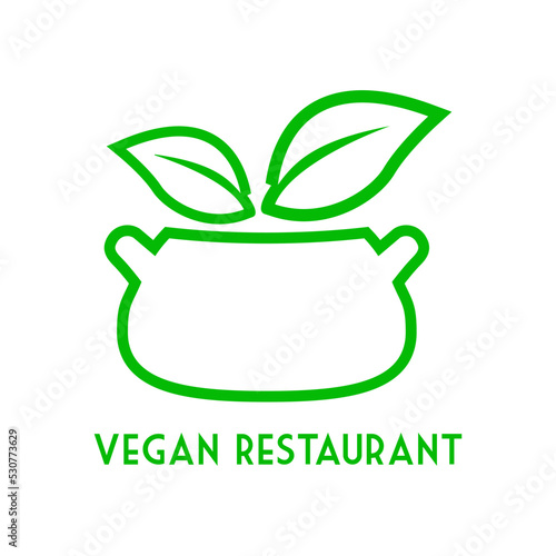 Concepto dieta vegana verde. Logo lineal con texto Vegan Restaurant con silueta de cazuela y hojas de planta