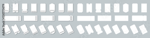 Blank tickets set. Empty ticket template. White blank ticket mockup realistic vector. Concert movie theater and boarding blank white tickets, lottery coupons with ruffle edges. Blank Template Tickets