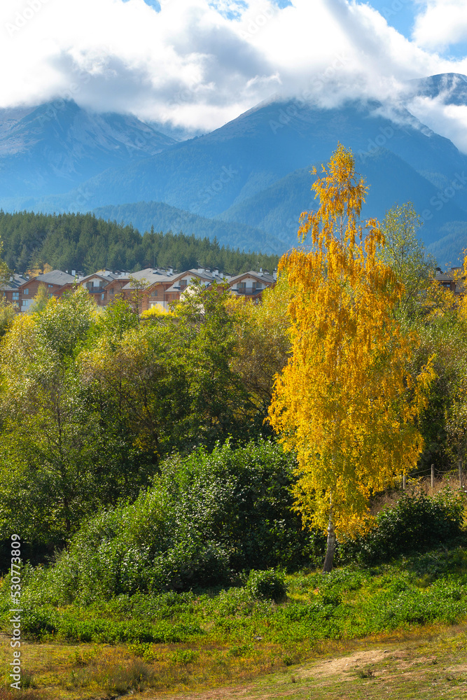 Bansko, Bulgaria autumn panorama with Pirin mountains