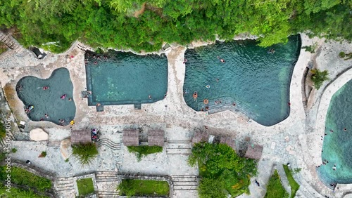 Aerial fly drone view of hot spring Cocalmayo, Santa Teresa, Peru, Andes, South America. It is close to Machu Picchu on the Salkantay and Inca trail vey famouse for hiking and trekking. photo