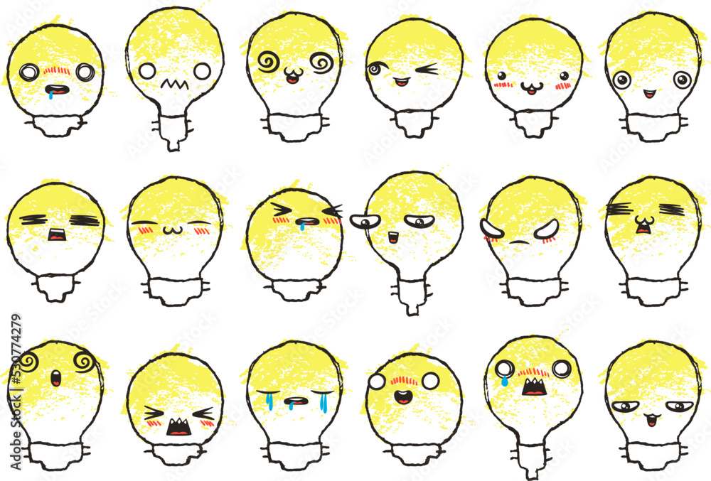 Set of Various Cartoon Bulbs with Emoticons. Doodle lightbulb, ideas, eyes and mouth. Caricature comic expressive emotions, smiling, crying and surprised character face expressions Set of Various Cartoon Bulbs with Emoticons. Doodle lightbulb, ideas, eyes and mouth. Caricature comic expressive emotions, smiling, crying and surprised character face expressions