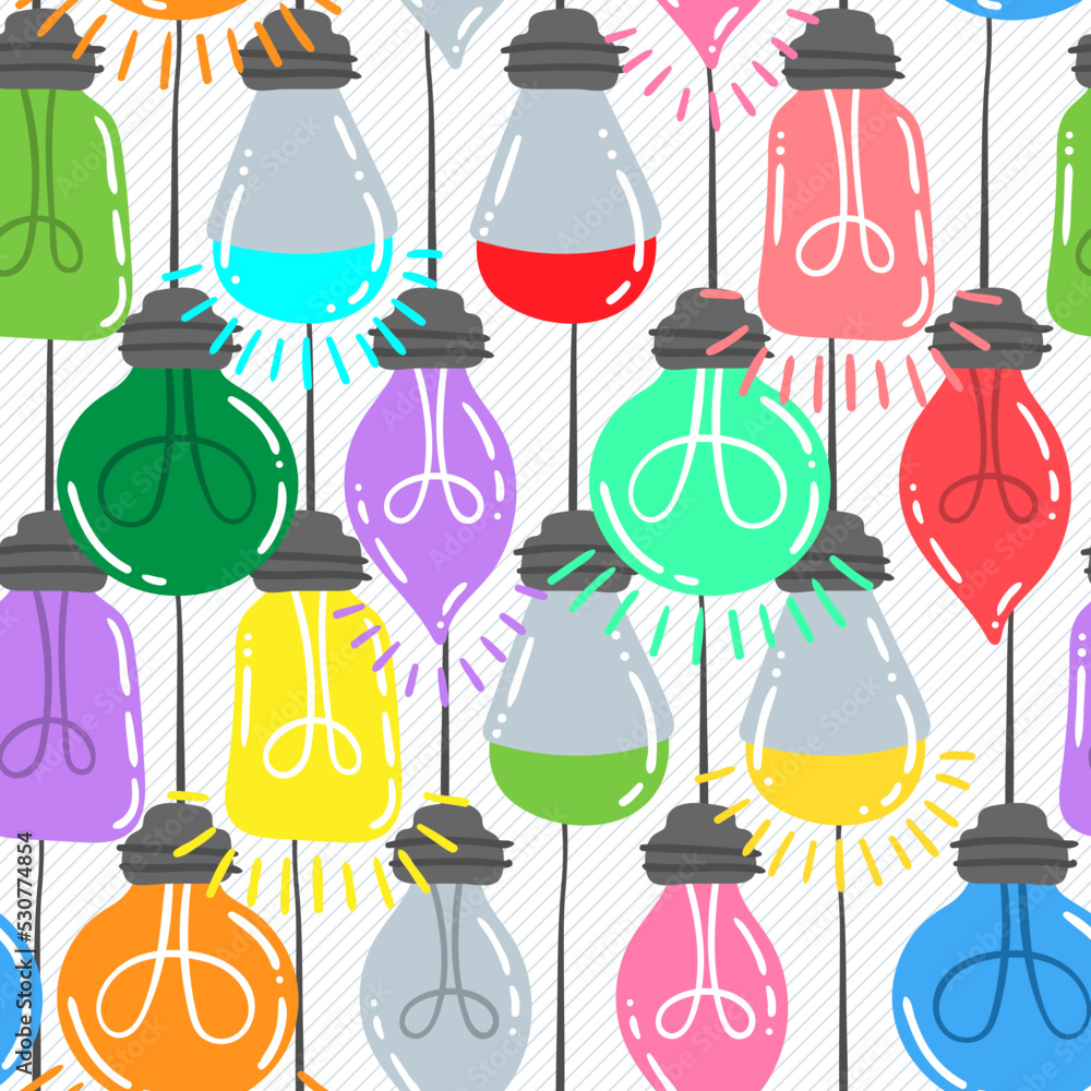 Seamless pattern of random lamps hanging from above. Light bulbs icon concept of idea. Vector collection on white background. Contour line Seamless pattern of random lamps hanging from above. Light bulbs icon concept of idea. Vector collection on white background. Contour line