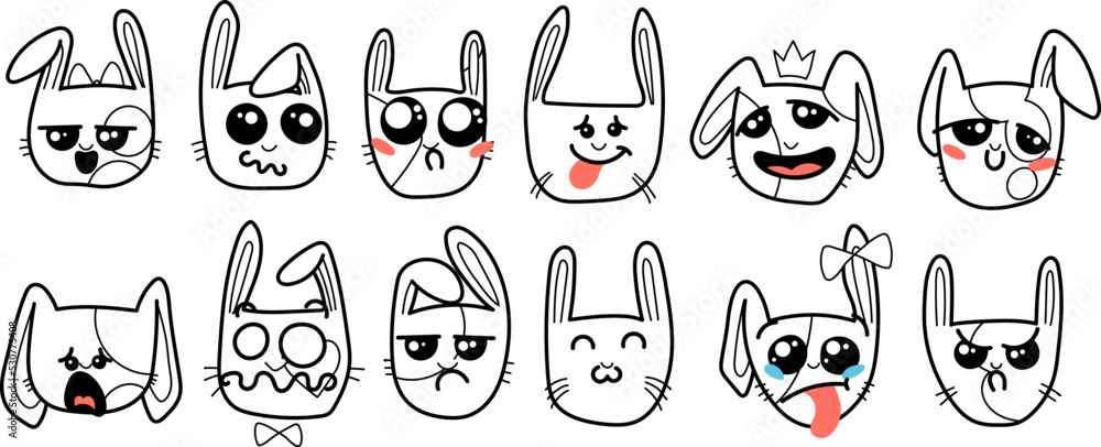 Cute Kawai rabbits. Different expression muzzles bunnies in doodle style. Angry, cheerful, joyful, happy, sick, love, suspicious, playful, laughing kawaii hare Cute Kawai rabbits. Different expression muzzles bunnies in doodle style. Angry, cheerful, joyful, happy, sick, love, suspicious, playful, laughing kawaii hare