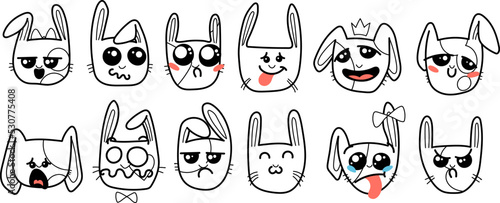 Cute Kawai rabbits. Different expression muzzles bunnies in doodle style. Angry, cheerful, joyful, happy, sick, love, suspicious, playful, laughing kawaii hare