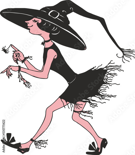 Cartoon witch hurries dancing to the Halloween holiday.