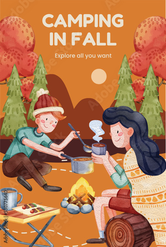 Poster template with autumn camping picnic concept,watercolor style