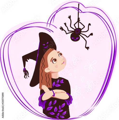 Cartoon witch and spider in Halloween.