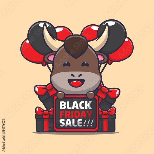 Cute bull in black friday cartoon mascot illustration photo