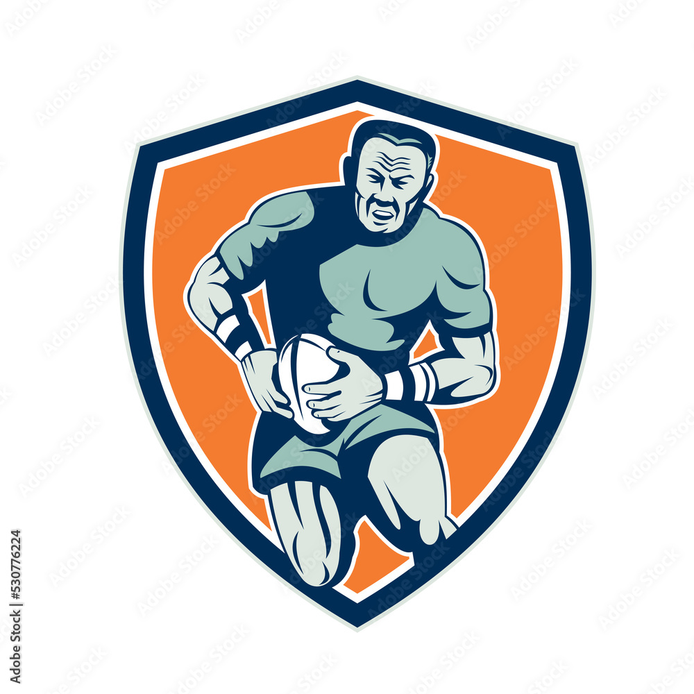 Rugby Player Running Attacking Shield Retro