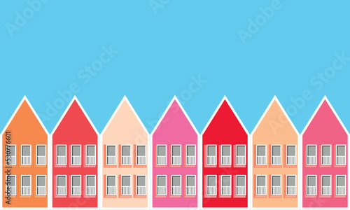Vector illustration of colorful rainbow houses. Variation based on Dutch architecture in Utrecht Houten. Beautiful skyline on blue sky background. Europe travel concept