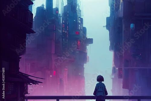 Cyberpunk city, view from a window with children