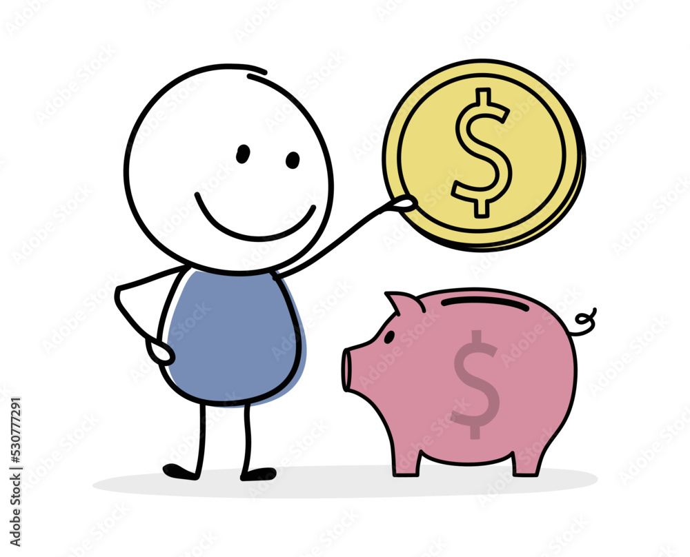 Funny stickman with piggy bank and dollars. Vector Funny stickman with piggy bank and dollars. Vector