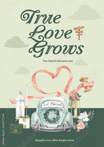 Poster template with gorgeous green wedding concept,watercolor style