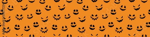 Halloween banner with funny pumpkin lantern face. Seamless texture. Vector