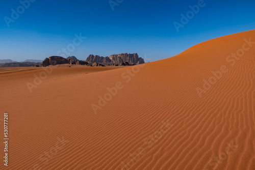 Dunes and patterns in the sand in the Wadi Rum desert  sunny day  Jordan