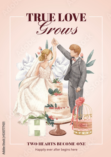 Poster template with gorgeous green wedding concept,watercolor style