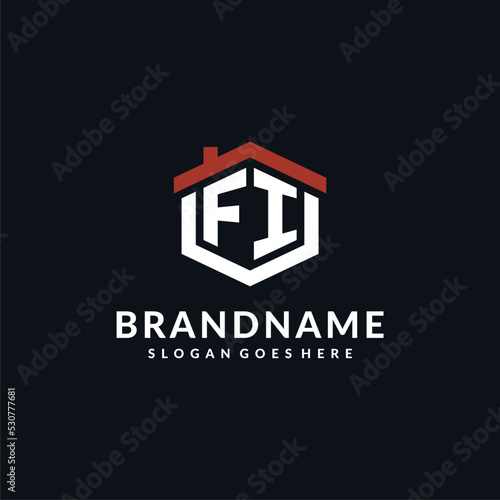 Initial letter FI logo with home roof hexagon shape design ideas