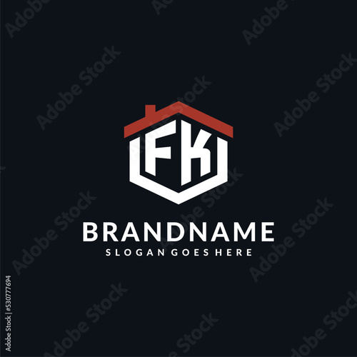 Initial letter FK logo with home roof hexagon shape design ideas photo