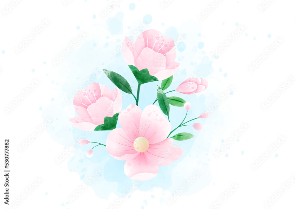 Beautiful flower with brunch in watercolors style on blue and white background.