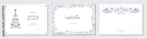 Holiday greeting cards. Universal Christmas templates with ornate Christmas Tree, floral banner and frame with copy space, birds and greetings.