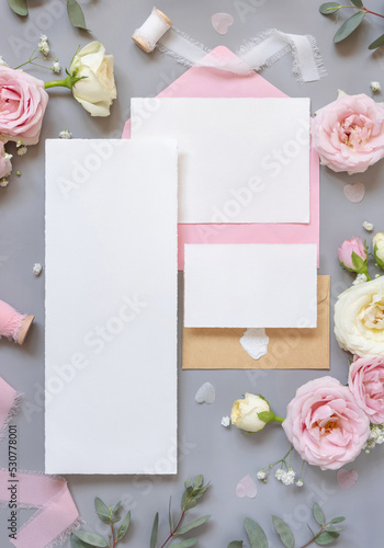 Blank paper cards and envelopes between pink roses on grey top view, wedding mockup