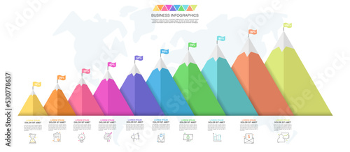 Vector illustration of mountains. Infographic 10 step modern template for describing how to reach goal, successful, timeline, app, chart.