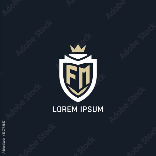 Initial letter FM shield and crown logo style, esport team logo design inspiration