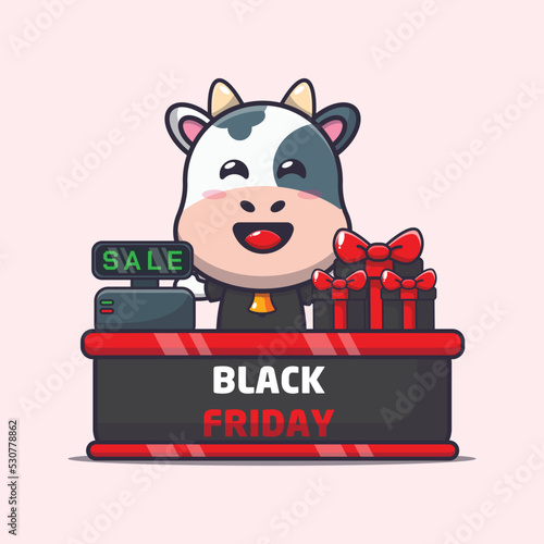 Cute cow in black friday cartoon mascot illustration photo