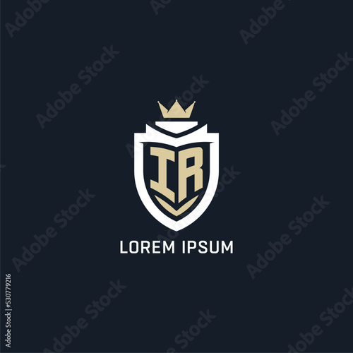 Initial letter IR shield and crown logo style, esport team logo design inspiration