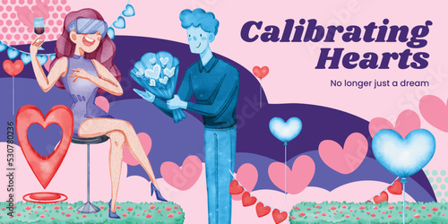Blog header template with VR Dating concept,watercolor style