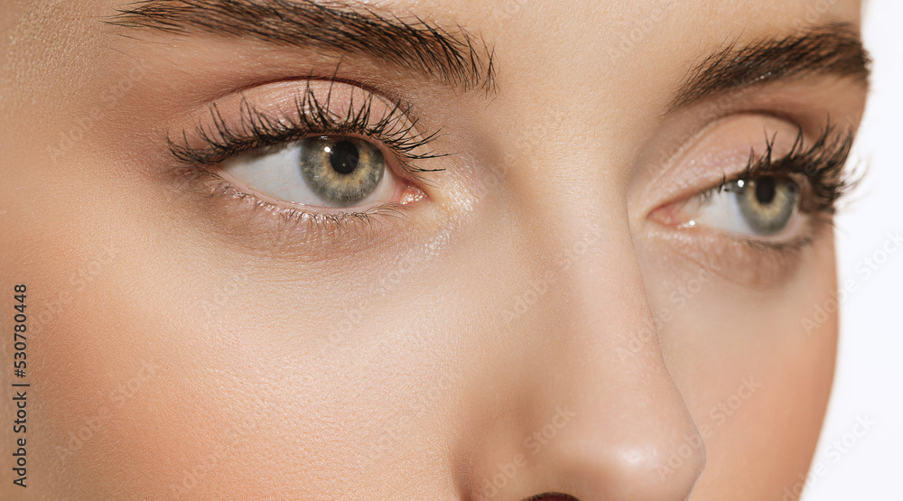 Naklejka premium Blue eyes and perfect shapes of eyebrows. Close up portrait of beautiful young girl looking at camera. Concept of cosmetics, makeup, eco treatment, skin care.
