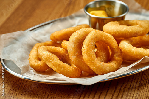 An appetizer for beer - onion rings fries. Close-up, selective focus