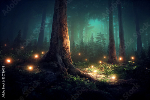 Fototapet Verwunschener Märchenwald mit kleinen leuchtenden Lichtern