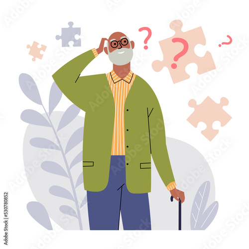 Elderly man with Alzheimer's disease. Grandpa with a cane has memory loss, difficulty concentrating, and problems with planning and thinking. Senior man with question marks, puzzles and plants. Vector