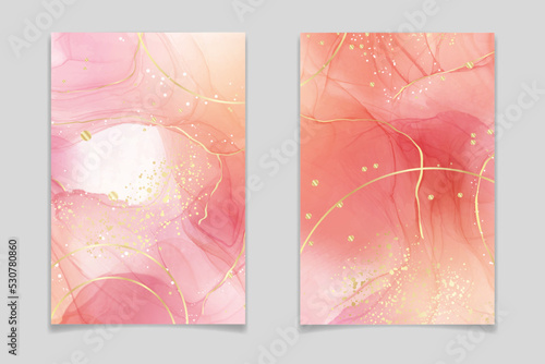 Rose pink liquid watercolor background with golden confetti. Crimson blush marble alcohol ink drawing effect. Vector illustration design template for wedding invitation, menu, rsvp