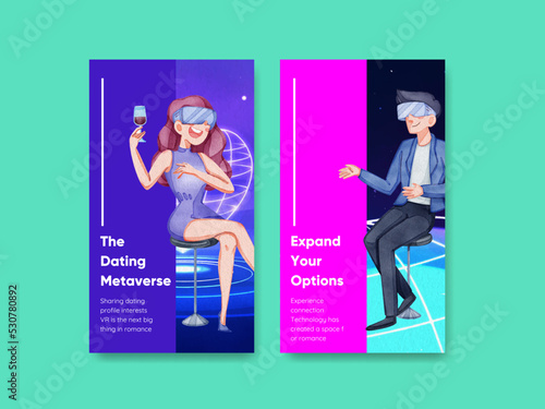 Instagram template with VR Dating concept,watercolor style
