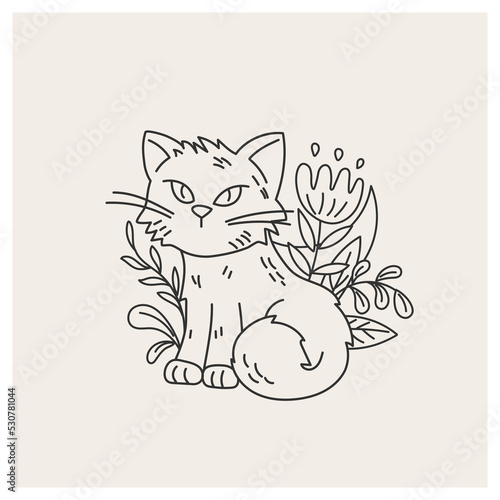 Cat among plants. Cat silhouette. Line vector illustration. 