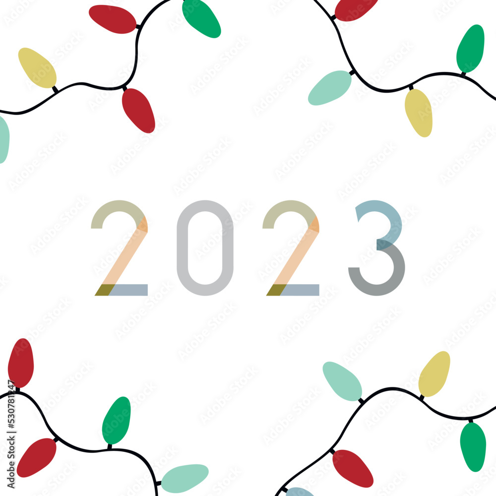 2023 Happy New Year card. Handdrawn number 2023 with garland. New Year holiday symbol. 2023 Happy New Year card. Handdrawn number 2023 with garland. New Year holiday symbol.