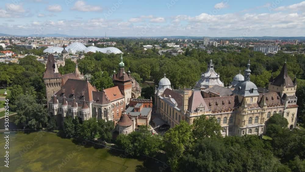 Aerial shot zoning in on the Vajdahunyad Castle from the rear in Budapest Hungary Aerial shot zoning in on the Vajdahunyad Castle from the rear in Budapest Hungary