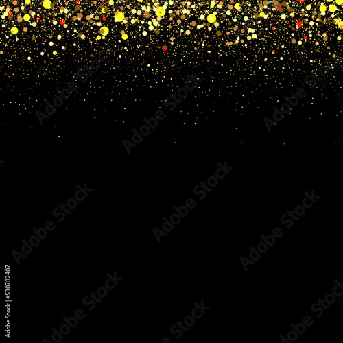 Black background with golden sparkles. Sparkling gold luxurious sparkling confetti.