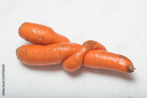 Deformed carrot on white background. Crooked and funny ugly vegetable with strange shape.
