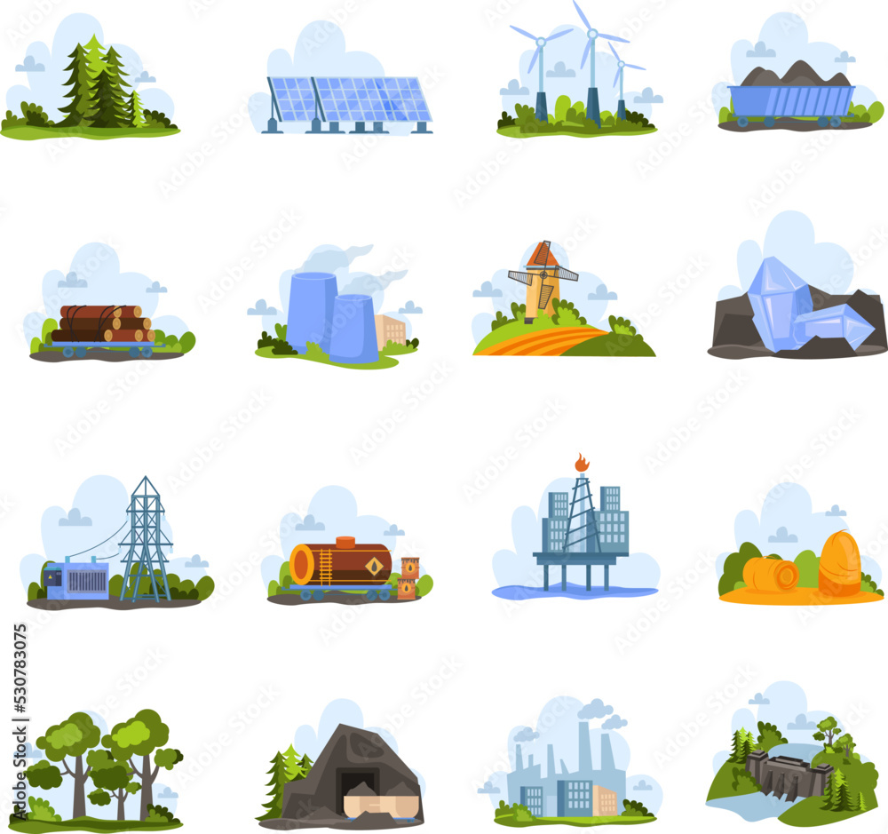 Renewable And Nonrenewable Resources Flat Icons