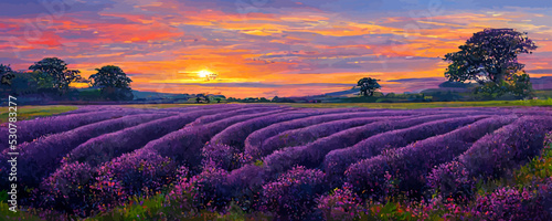 vivid purple blooming lavender field in summer at sun