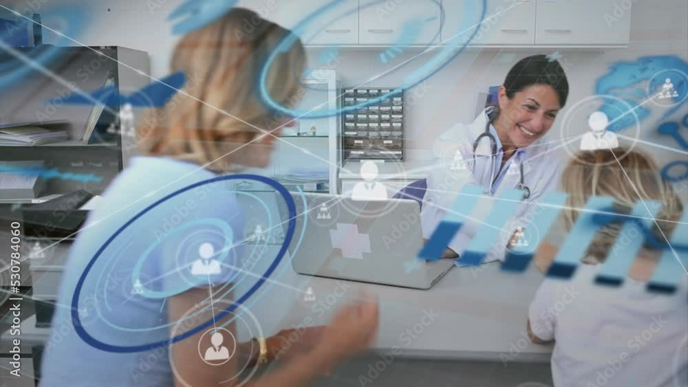 Animation of network of connections over caucasian female doctor with patients Animation of network of connections over caucasian female doctor with patients