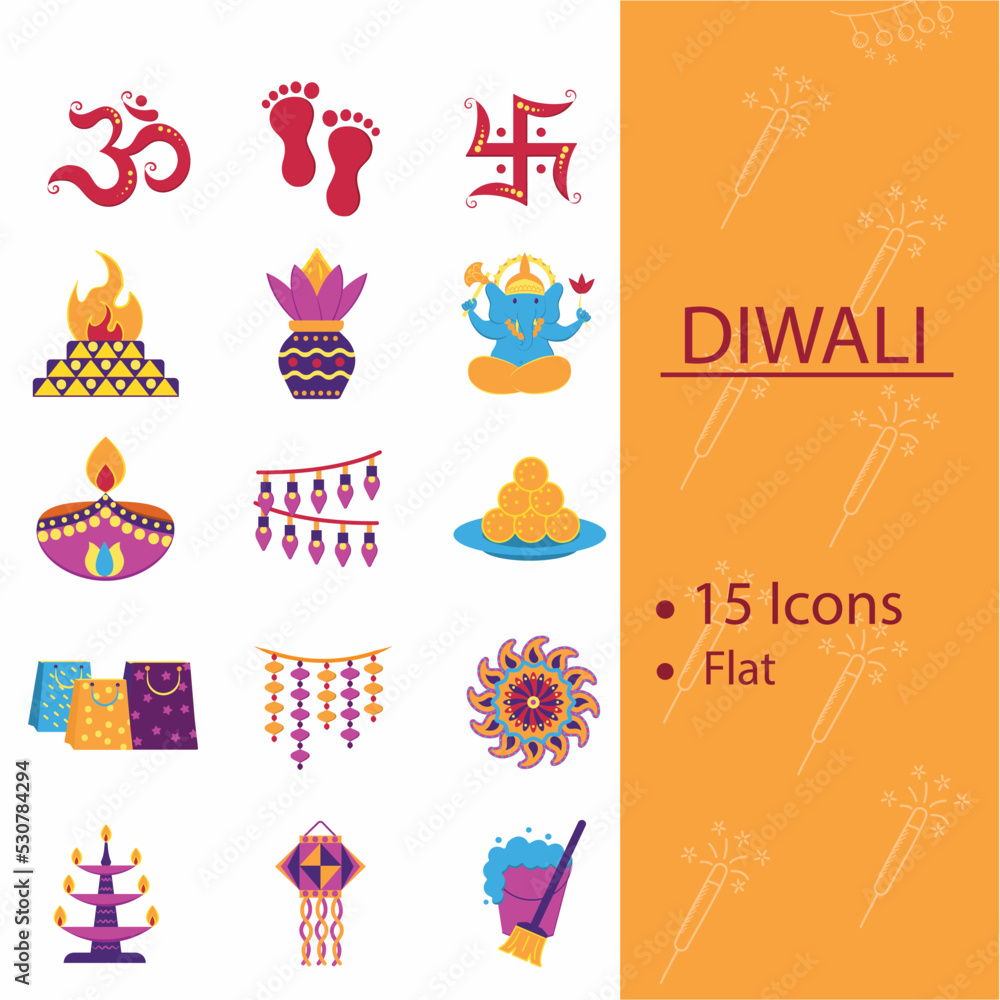 Isolated Colorful Diwali Icons Set In Flat Style.