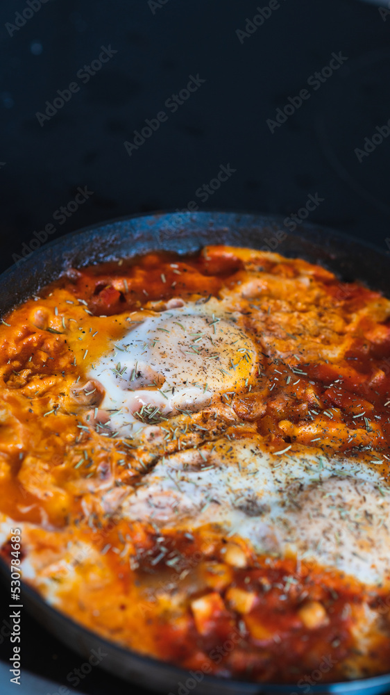 Breakfast restaurant kitchen with eggs. Homemade stew. Breakfast restaurant kitchen with eggs. Homemade stew.
