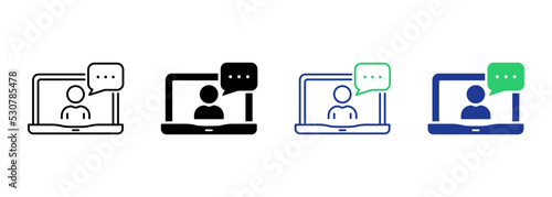 Video Conference on Laptop Silhouette and Line Icon. Online Web Business Chat on Computer Pictogram. Virtual Communication Meeting Work from Home Icon. Editable Stroke. Isolated Vector Illustration